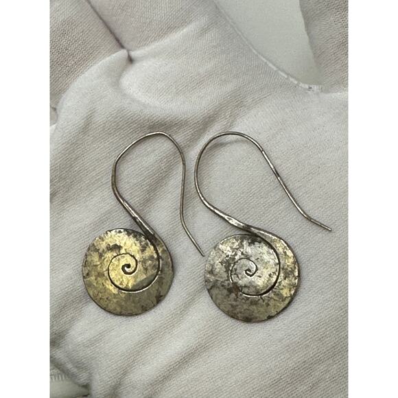 Silver Tone Spiral Earrings Primitive Style Hammered Metal - Picture 6 of 6